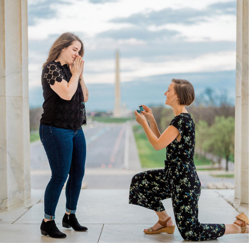 A couple gets engaged with the Washington Monument in the background.